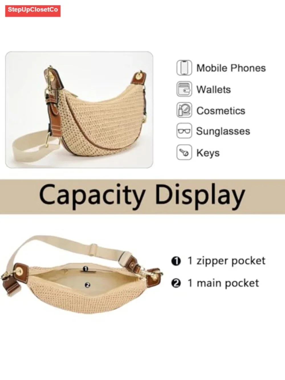 Straw Crossbody Bag for Women Crescent Woven Hobo Purse Adjustable Strap Summer